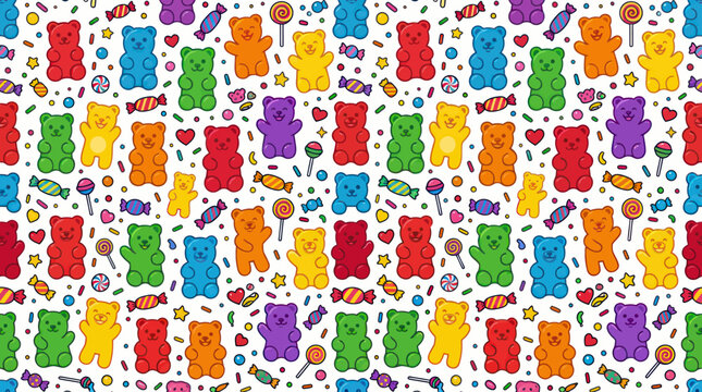 Colorful Gummy Bear Candy Seamless Pattern. Sweet Food  Confectionery Flat Vector Illustration Background