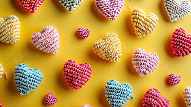 A Cascade of Crocheted Hearts: A vibrant collection of intricately crocheted heart shapes in a rainbow of cheerful colors are artfully arranged on a sunny yellow background.