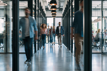 Fototapeta premium Team moving between meeting rooms in a bright summer office