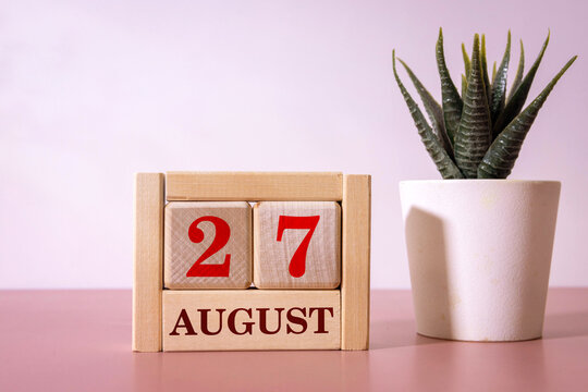 August 27 Wooden Calendar with Succulent Plant on Pink Background Date, Planning and Time Management Concept