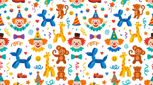 Colorful Circus Pattern: Clowns, Giraffes, Monkeys, Balloons, Confetti