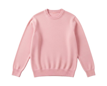 Simple plain light pink crew neck long sleeve knitted sweater garment presented flat lay view on transparent background