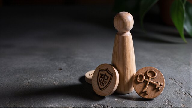 Wooden figure stands beside keys and a shield, symbolizing security or strategy.