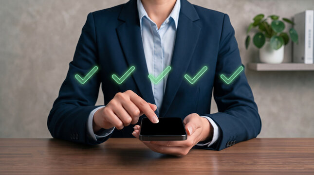 Professional using smartphone with virtual green checkmarks. Digital checklist, survey, task completion and approval