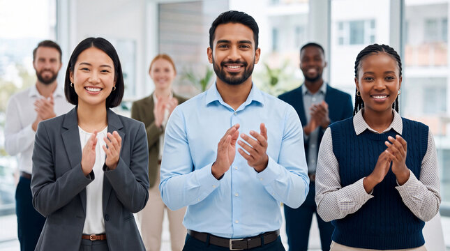 Happy Business team clapping hands in a bright office celebrating professional success