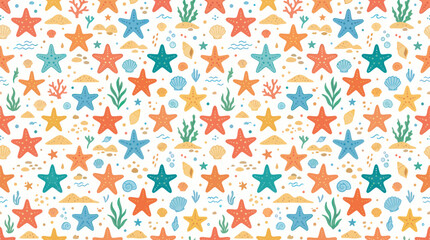 Obraz premium Summer Ocean Marine Life Hand-Drawn Starfish Seamless Pattern - Colorful Kids Beach Background