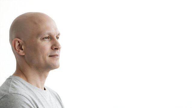 Profile portrait of a confident bald adult man looking away isolated on a white background with copy space