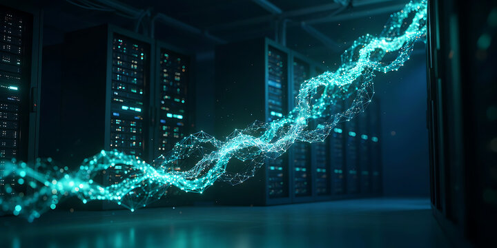 Server room with a glowing digital data stream flowing between server racks, representing speed network connectivity and big data processing