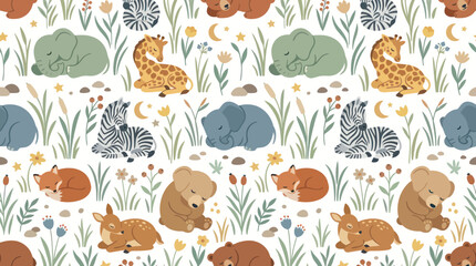 Obraz premium Cute Sleeping Safari Animals Seamless Pattern Flat Art Style
