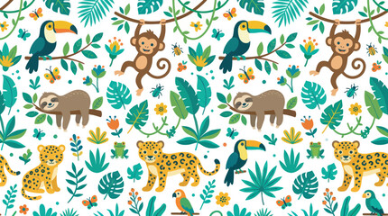 Fototapeta premium Cute Cartoon Jungle Animals Seamless Pattern. Flat Vector Kids Illustration with Tropical Wildlife.