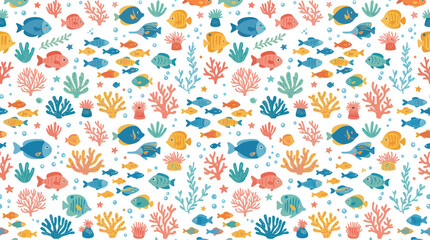 Obraz premium Flat Cartoon Marine Life Seamless Pattern with Ocean Fish, Coral, and Seaweed Illustration