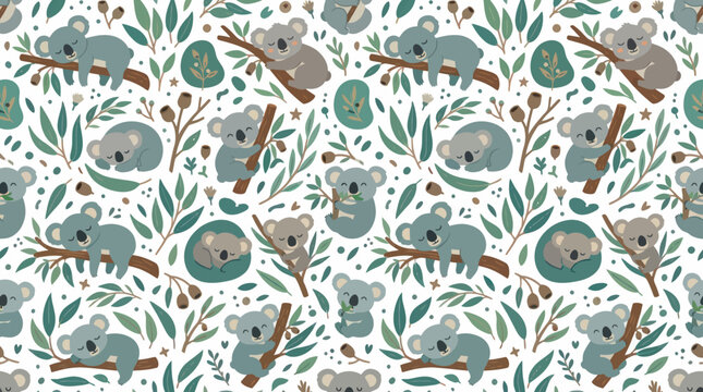 Cute Koala Bears Seamless Pattern on White Background, Flat Style