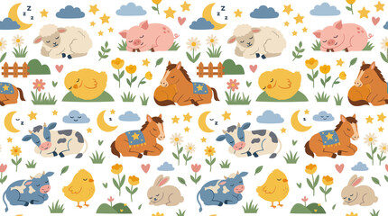 Fototapeta premium Cute Farm Animals Sleeping Seamless Pattern - Flat Vector Art