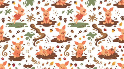 Fototapeta premium Cute Cartoon Piglets Playing in Mud Seamless Pattern Vector Illustration. Fun Farm Animals for Kids Design.