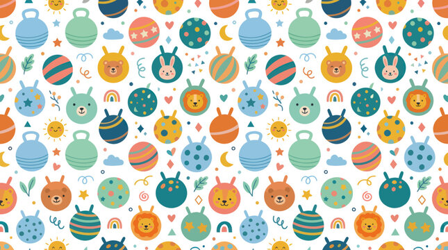 Seamless Pattern of Cute Bouncing Balls with Animal Faces, Flat Design