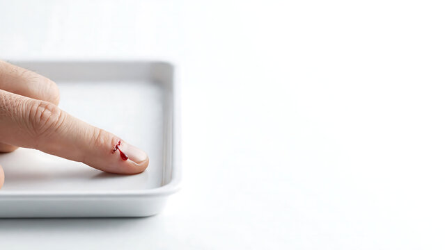 Human finger with bleeding cut wound on white background for first aid medical concept