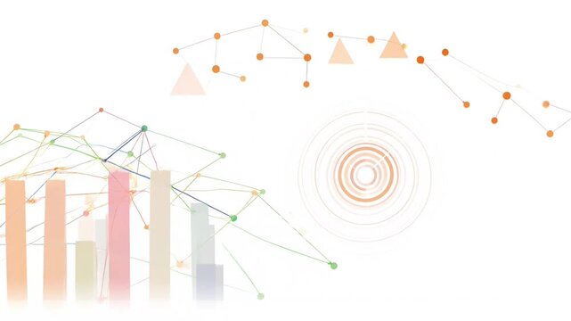Data visualization animation showing digital bar charts and abstract network nodes moving across white background in dynamic business video footage