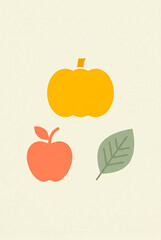 Obraz premium Minimal flat illustration of pumpkin apple and green leaf in muted retro palette on cream background for harvest festival design [copy space]