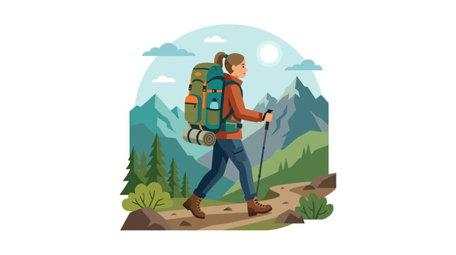 Woman Hiking With Backpack In Mountains On White Background