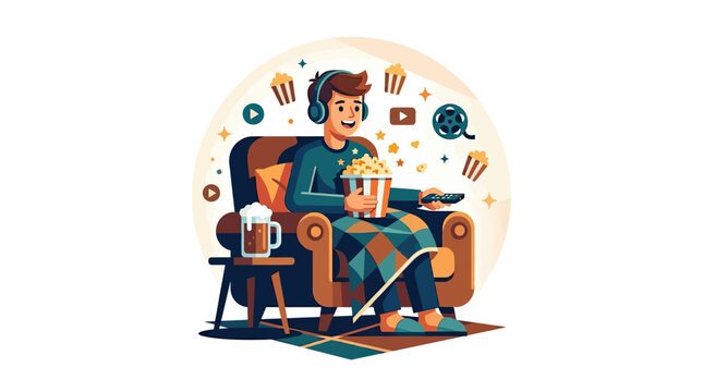 Young Man Watching Movies In An Armchair On White Background