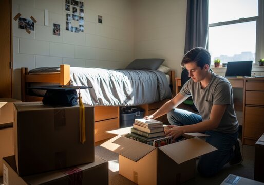 Student packing books into cardboard box in college dorm room. Graduate with mortarboard preparing for moving out. Academic achievement, transition to adulthood and education milestone.