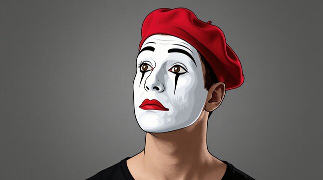 Illustration of mime artist wearing red beret, theatrical makeup. Performer looks upwards with thoughtful expression against plain grey backdrop. Their face is white with dark eye makeup, red lips.