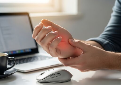 Man suffering from wrist pain while working on computer. Office worker experiencing carpal tunnel syndrome or joint inflammation. Repetitive strain injury from mouse use in workplace.