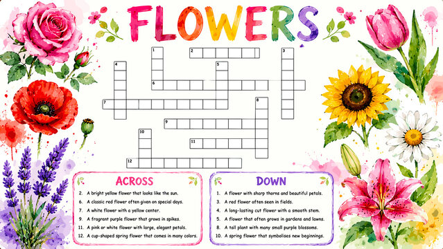 Colorful crossword puzzle with floral illustrations. Bright blooms surround the grid. Vibrant petals, leaves, and stems frame the design. Ideal for educational or recreational use