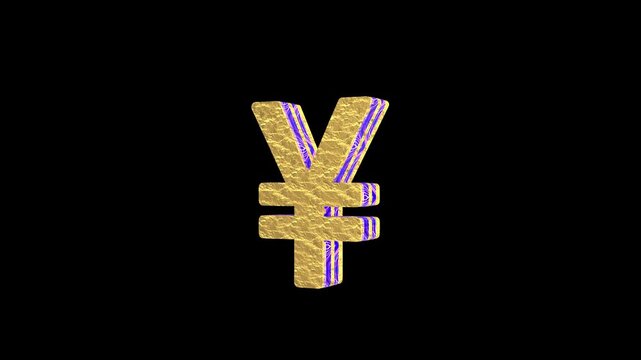 3D Golden Chinese Yuan Symbol Rotating Loop with Neon Glow and Glittering Gold Particles on Black Background.