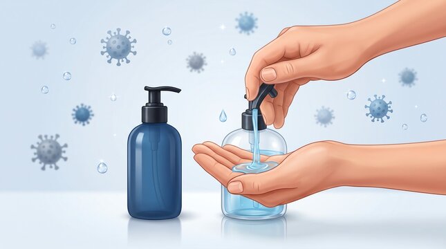 hands using hand sanitizer with germs in background