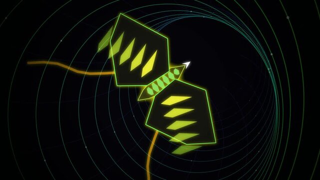 Neon geometric phoenix flying through a glowing wireframe tunnel in an abstract cyber space, colorful retrowave futuristic animation looping seamlessly