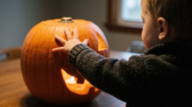Little boy touching carved Halloween pumpkin with candle light on table for autumn family tradition marketing