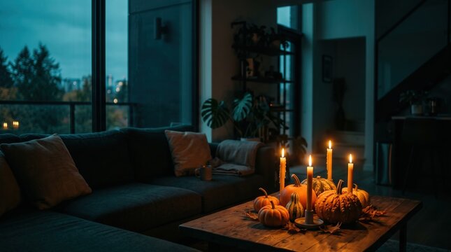 Autumn living room scene with decorative pumpkins and lit candles on wooden table at night for cozy home lifestyle seasonal content