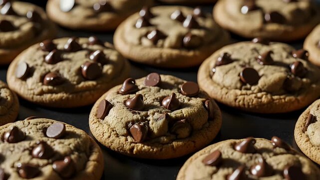 Freshly baked chocolate chip cookies arranged on a dark surface ready to be enjoyed by dessert lovers