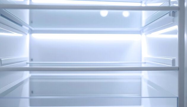 Empty refrigerator interior with glass shelves and bright white led lighting inside a clean modern kitchen appliance for food storage