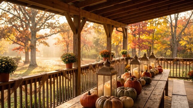 Autumn porch decorations with pumpkins and lanterns on rustic wooden table overlooking fall forest for seasonal home styling and Thanksgiving holiday
