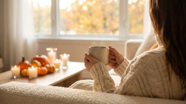 Woman in chunky cable knit sweater holding steaming mug of tea sitting on sofa with autumn decorations for cozy seasonal lifestyle
