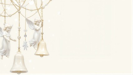 Fototapeta premium White angel figurines and bell hang gracefully against a soft, starry background.