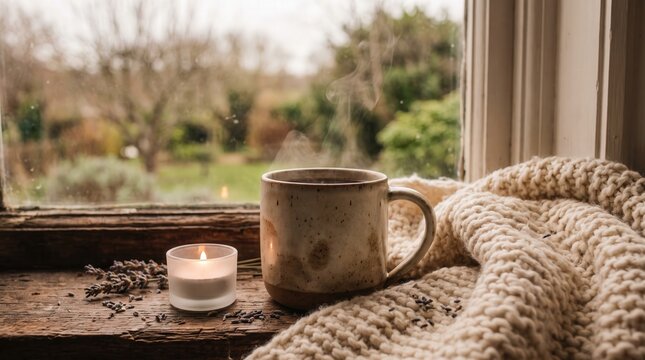 Steaming Ceramic Mug with Burning Candle on Rustic Wooden Windowsill next to Chunky Knit Blanket for Cozy Hygge Home Relaxation