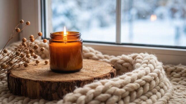 Lit Scented Candle in Amber Glass Jar on Wood Slice with Chunky Knit Blanket by Snowy Window for Cozy Winter Home Decor