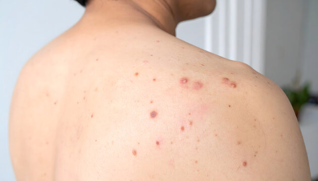 Skin acne breakout on a man's back showing red inflamed pimples spots and pigmentation marks in a clinical setting