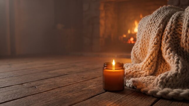 Lit Scented Candle in Amber Jar Beside Chunky Knit Blanket on Wooden Floor with Blurred Fireplace Background for Cozy Winter Home Decor