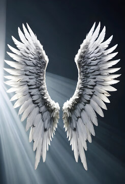 White angel wings with soft feathers and divine light rays, spiritual freedom and heavenly concept on a dark background, the ethereal glow and detailed texture of the feathers evoke feelings