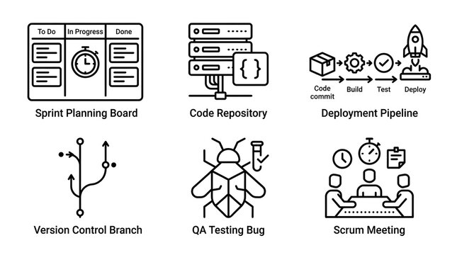 Software development and agile devops line icon set