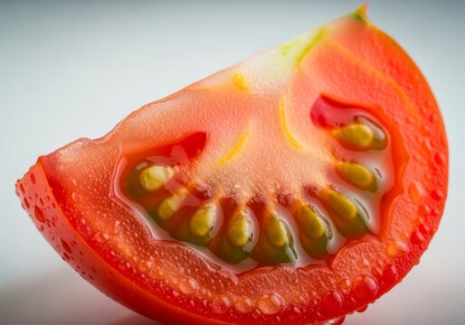 Vibrant macro shot of a sliced ripe tomato revealing translucent seeds and succulent red flesh glistening with fresh moisture and texture, nutrition, healthy, delicious