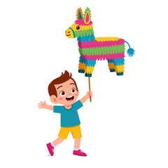 Isolated happy cartoon boy holding a colorful donkey piñata on a stick, celebrating fiesta party