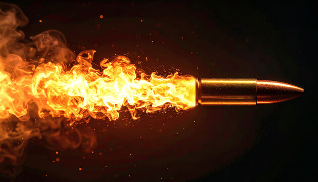 Bullet flying through the air with intense fire flames and smoke trails isolated on a dark black background setting