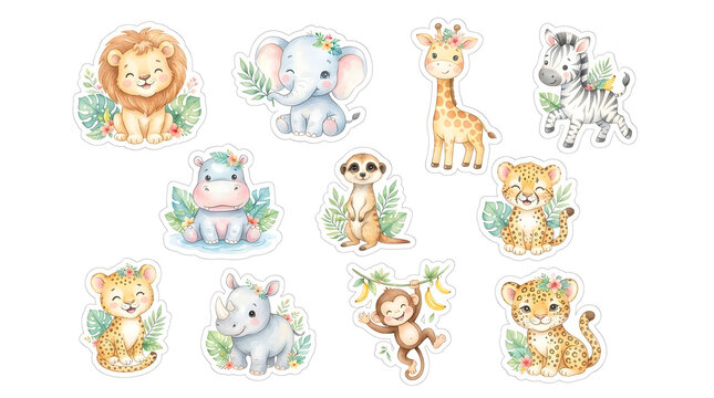 Cute Safari animal sticker collection featuring watercolor baby lion elephant giraffe and zebra illustrations for nursery decor