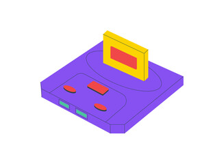 Retro vintage game console sticker in flat style. Arcade videogame console with electronic cartridge uses purple and yellow colors. Classic player and video game icon for entertainment pop design. © Moonnoon
