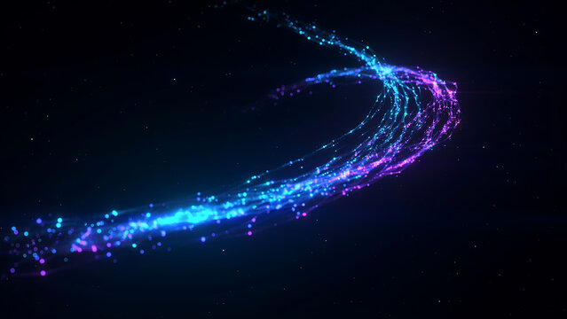 Abstract stream of glowing blue and purple light particles and fiber optic cables flowing through a dark space with a sense of speed